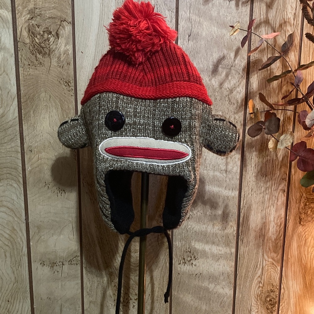 Kids Sock Monkey Knit Hat with Red Accents